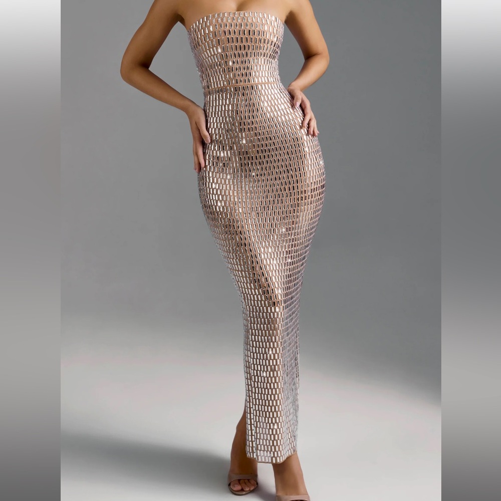 Embellished bandeau maxi dress in almond